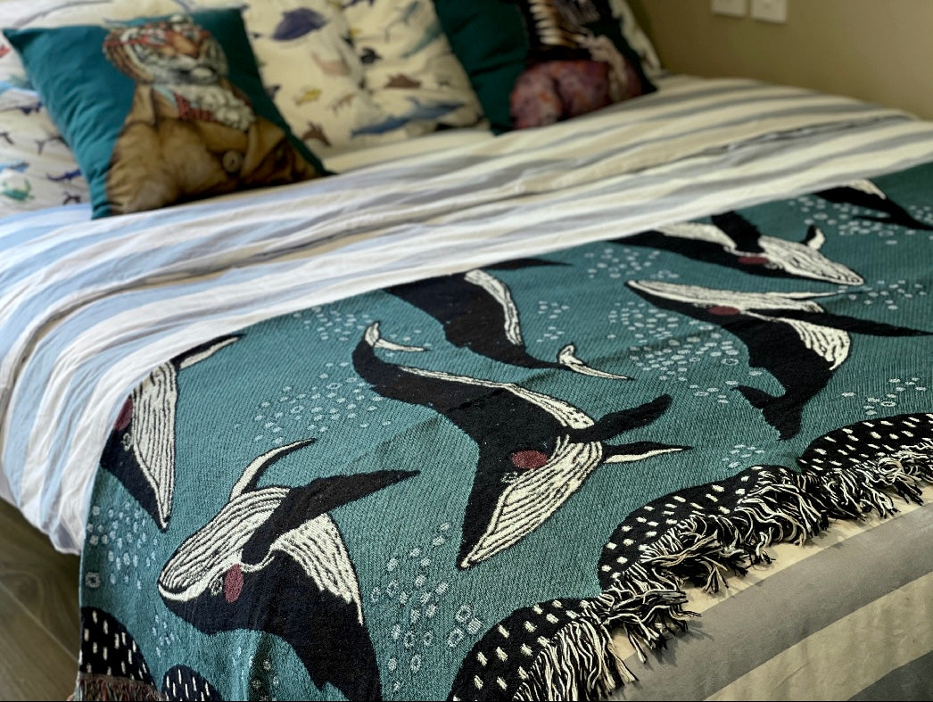 Whale Under The Sea Art Throw Blanket - Close-up detail of whale artwork and fabric texture