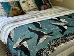 Whale Under The Sea Art Throw Blanket - Close-up detail of whale artwork and fabric texture