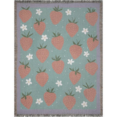 37x52 inches Strawberry pattern detail on pastel green woven cotton blanket