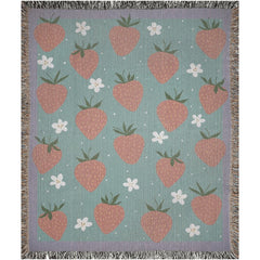 37x52 inches Strawberry pattern detail on pastel green woven cotton blanket
