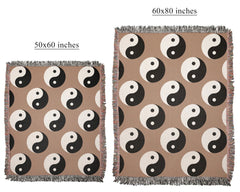 Side-by-side size guide: 50×60 and 60×80 inches warm neutral yin yang woven blankets