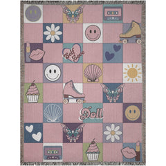 Cute cotton dollcore woven blanket featuring hearts, shells, and cupcakes