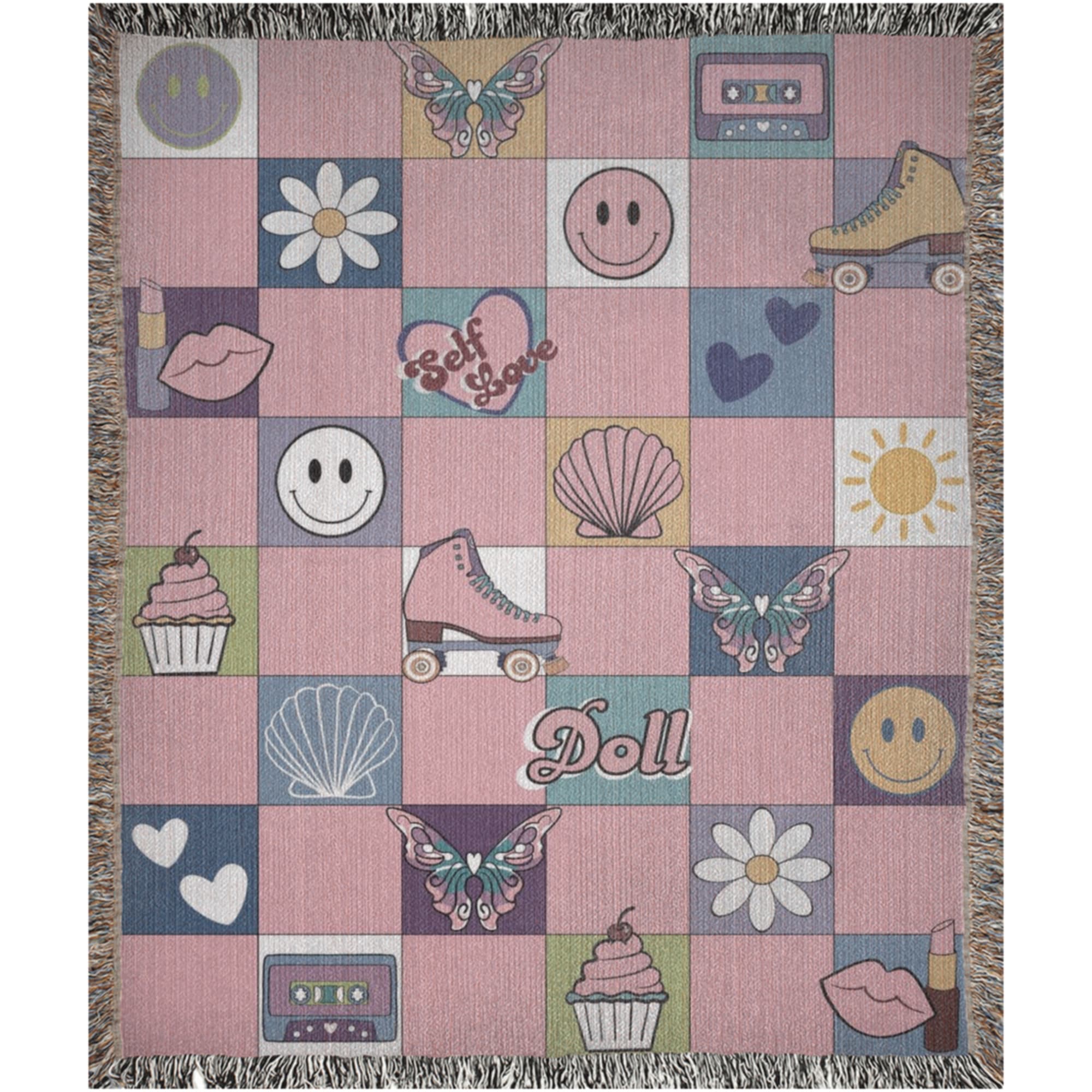 Pink pastel checkered dollcore woven blanket with fringe edges for couch or bed