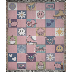 Pink pastel checkered dollcore woven blanket with fringe edges for couch or bed