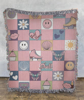 Dollcore woven blanket with pink pastel icons