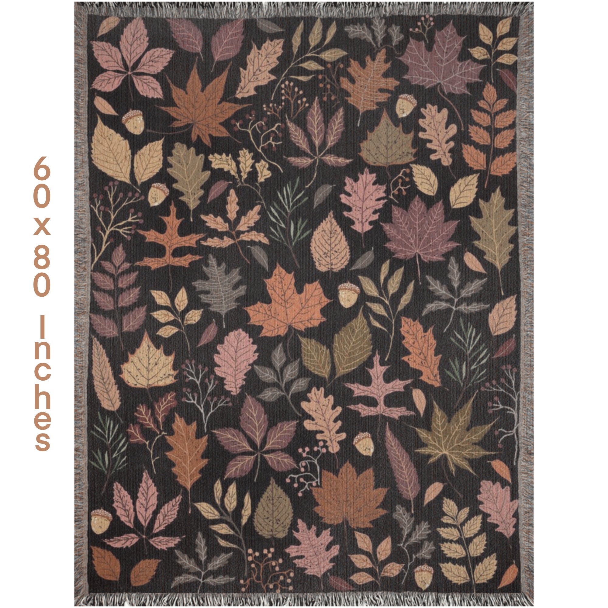 Rug with autumn tapestry throw leaf pattern and size 60x80 inches on a white background