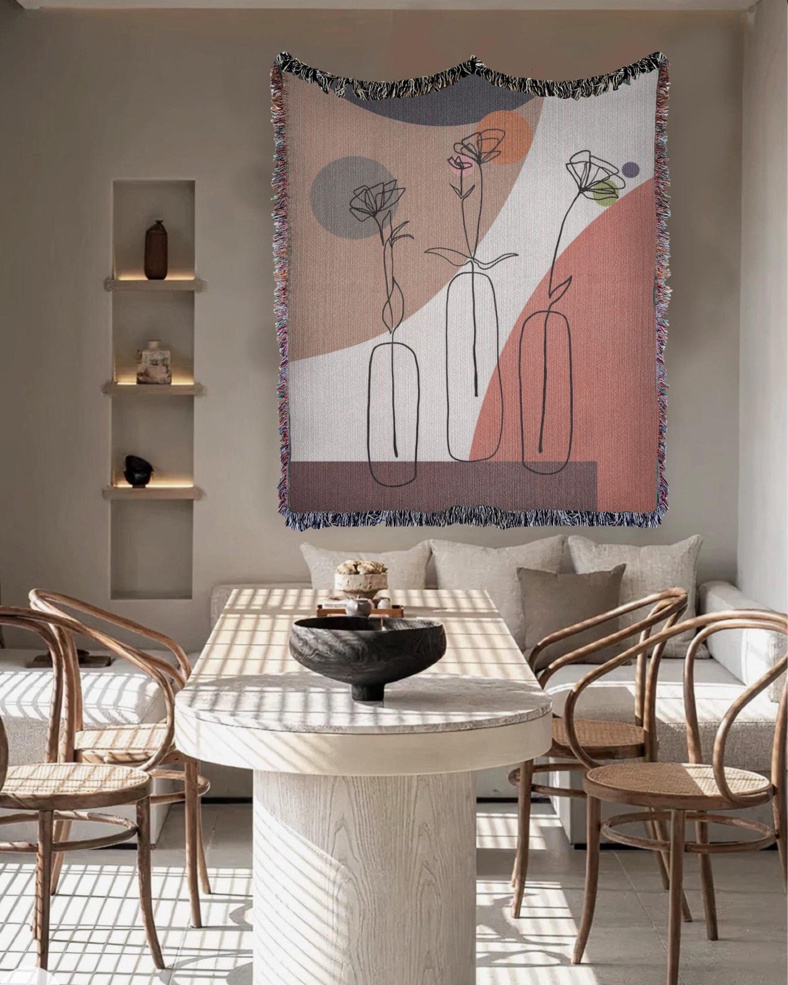 Abstract Line Art Floral Blanket In a minimal aesthetic living room wall