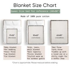 Size chart for woven throw blankets by All Your Tales AYT
