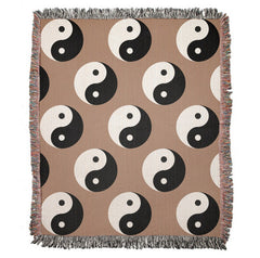 Spiritual cotton Yin Yang woven blanket with symbols on earthy brown background