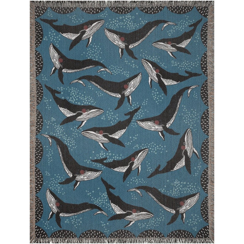 Whale Under The Sea Art Throw Blanket - 60 x 80 inches queen size  showing ocean-themed artwork