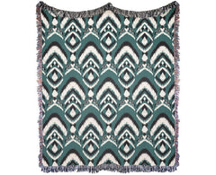 Bohemian Ikat Throw Blanket with multicolor fringed edges and vintage pattern.