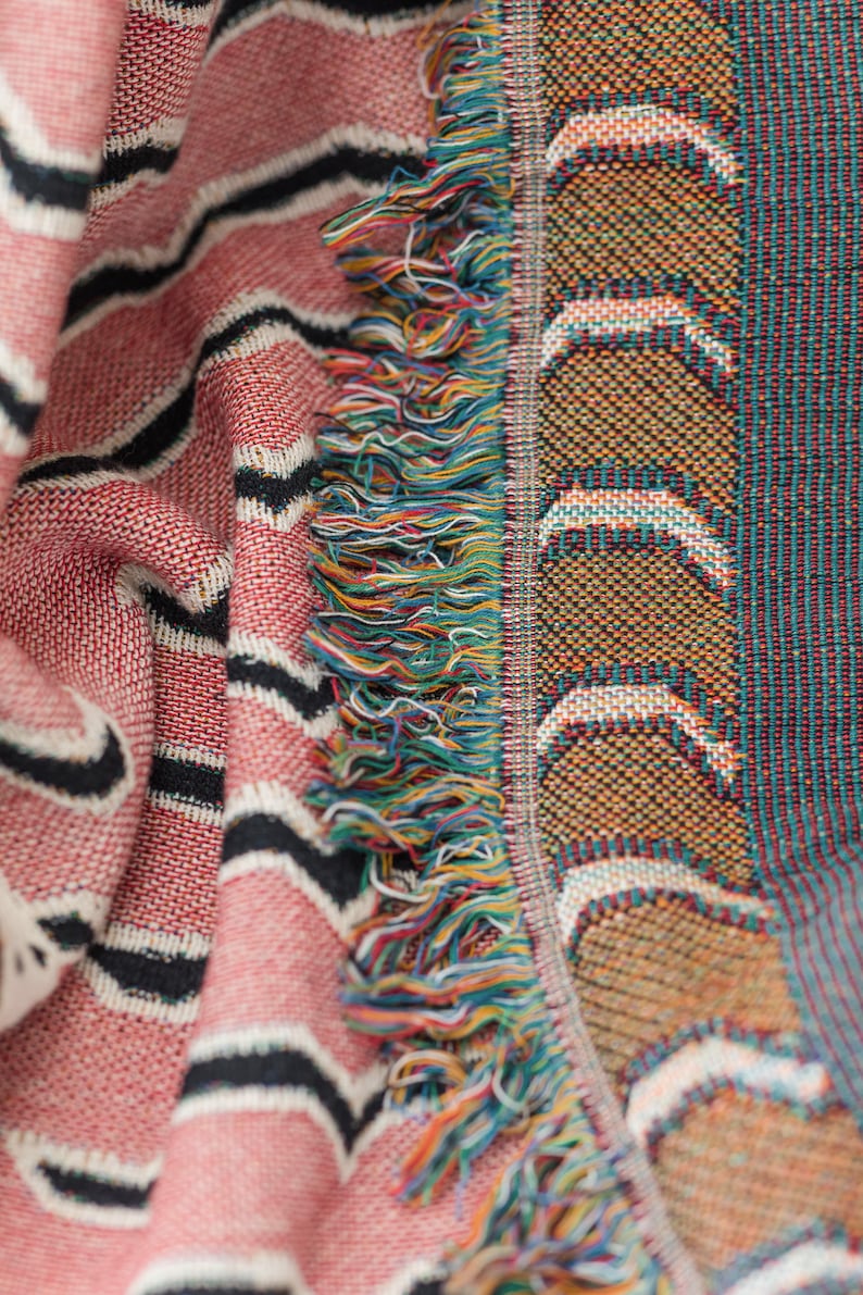 Close-up of fringe detail on tiger textile
