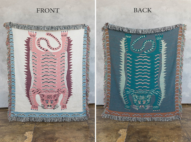 Reversible tiger throw with fringe