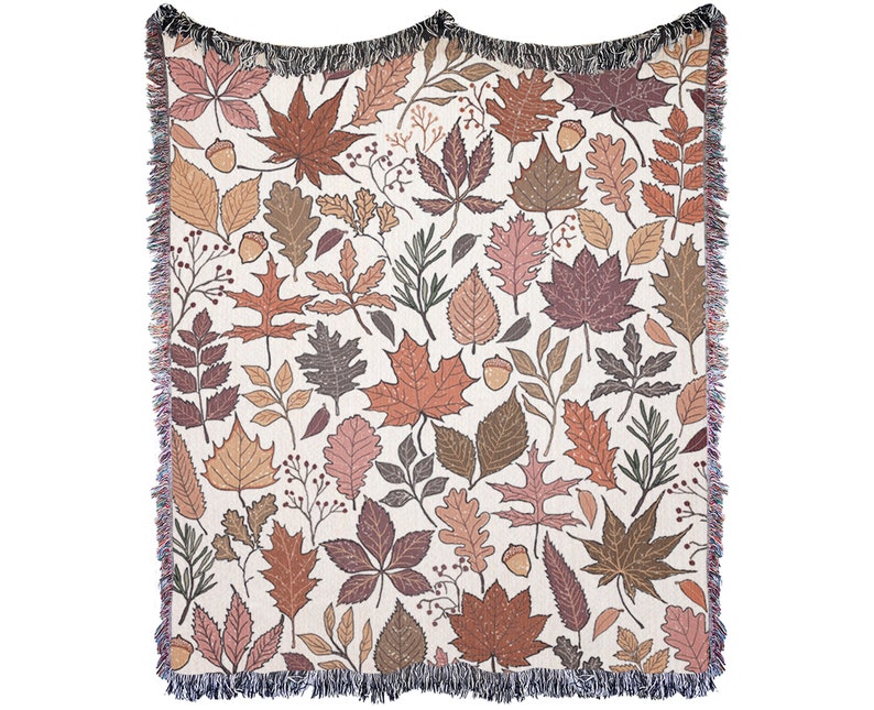 Fall Woven blanket cotton throw with fringes and warm earth tone brown fall leaf pattern