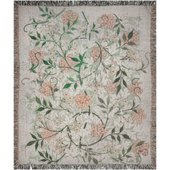 William Morris Jasmine tapestry blanket featuring floral design with multi-color fringed edges, made of 100% cotton.