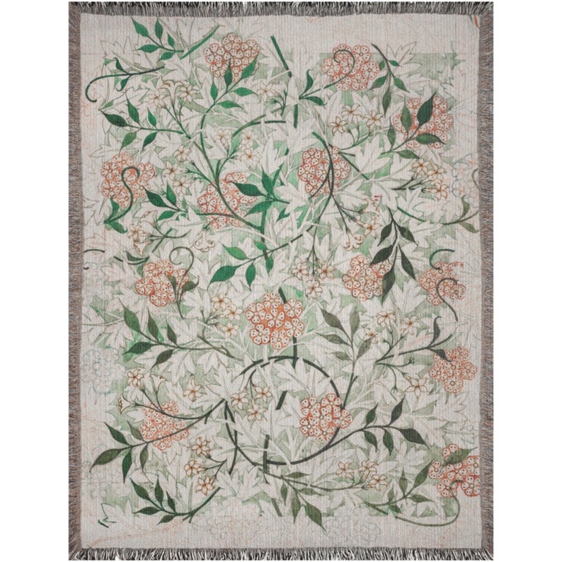 William Morris Jasmine tapestry blanket with floral design, 100% cotton, multi-color fringed edges, made in USA.