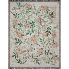 William Morris Jasmine tapestry blanket with floral design, 100% cotton, multi-color fringed edges, made in USA.