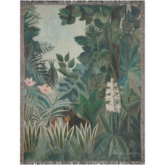 The Equatorial Jungle Art Throw featuring lush greenery and animal motifs, with soft fringed edges. 100% cotton.