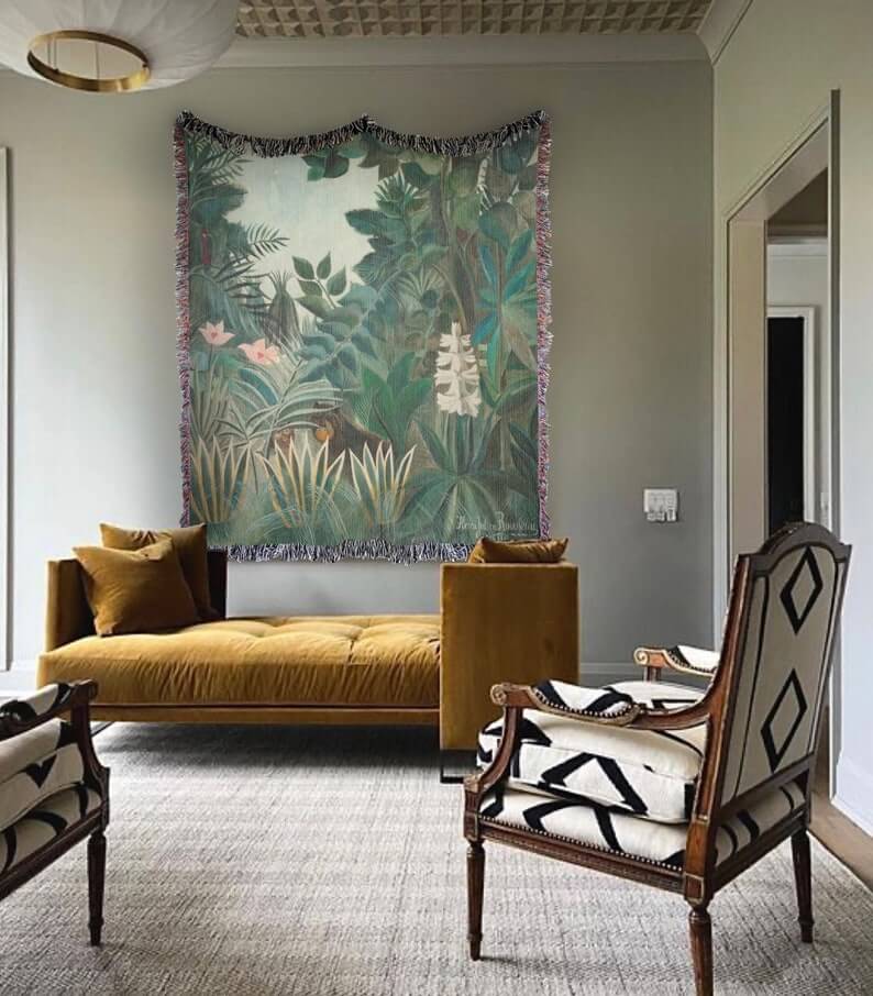 The Equatorial Jungle Art Throw featuring a lush green design, enhancing a stylish living room decor.