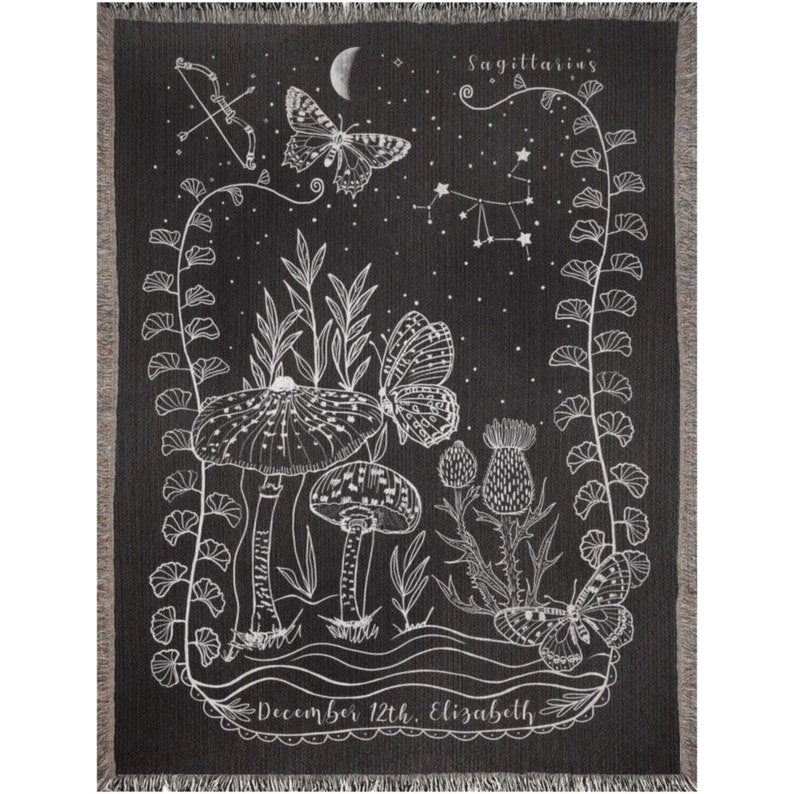 Sagittarius woven blanket featuring intricate designs, butterflies, and mushrooms, perfect gift for astrology lovers.
