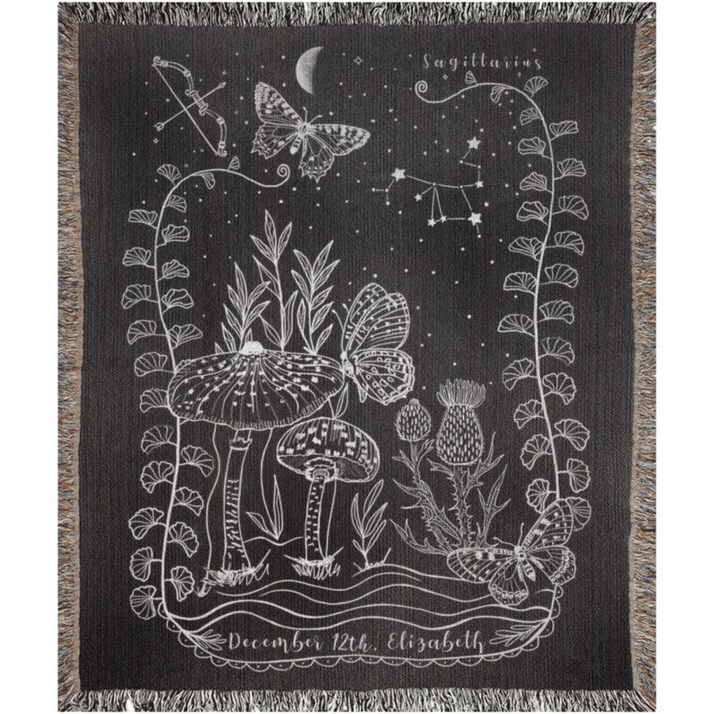 Sagittarius woven blanket featuring celestial designs and mushrooms, perfect for astrology lovers and gifts.
