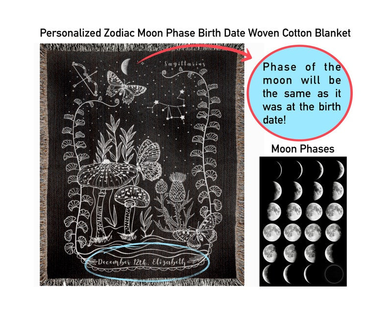 Personalized Sagittarius zodiac moon phase cotton blanket featuring astrological designs and moon phases.