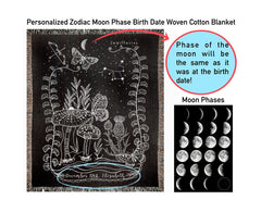 Personalized Sagittarius zodiac moon phase cotton blanket featuring astrological designs and moon phases.