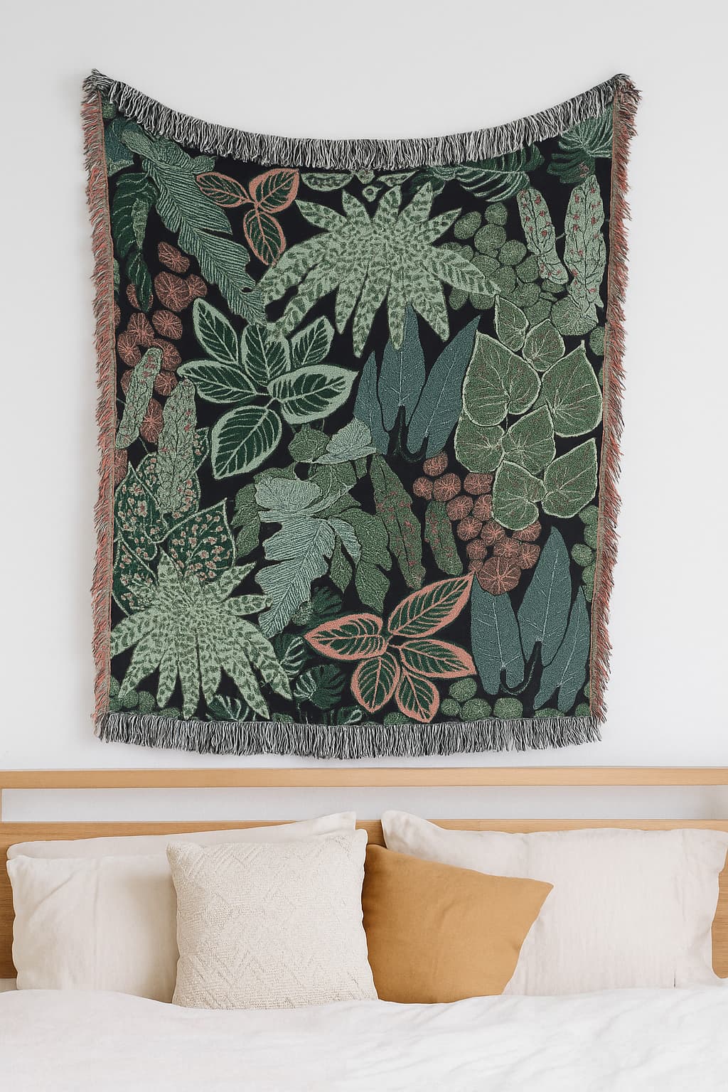 Tropical leaf wall tapestry displayed in modern bedroom above wooden headboard
