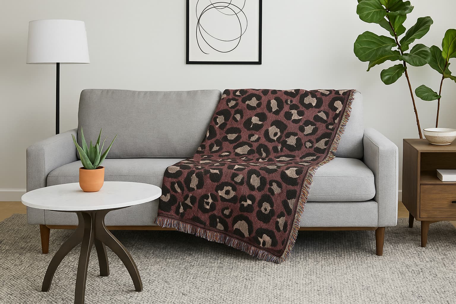 Bold animal print throw blanket styled in modern living room setting