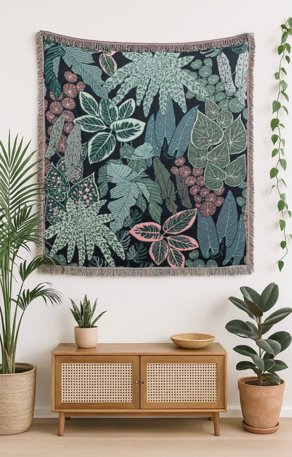 Tropical botanical wall tapestry with green leaf pattern displayed against white background

