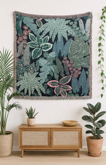Tropical botanical wall tapestry with green leaf pattern displayed against white background
