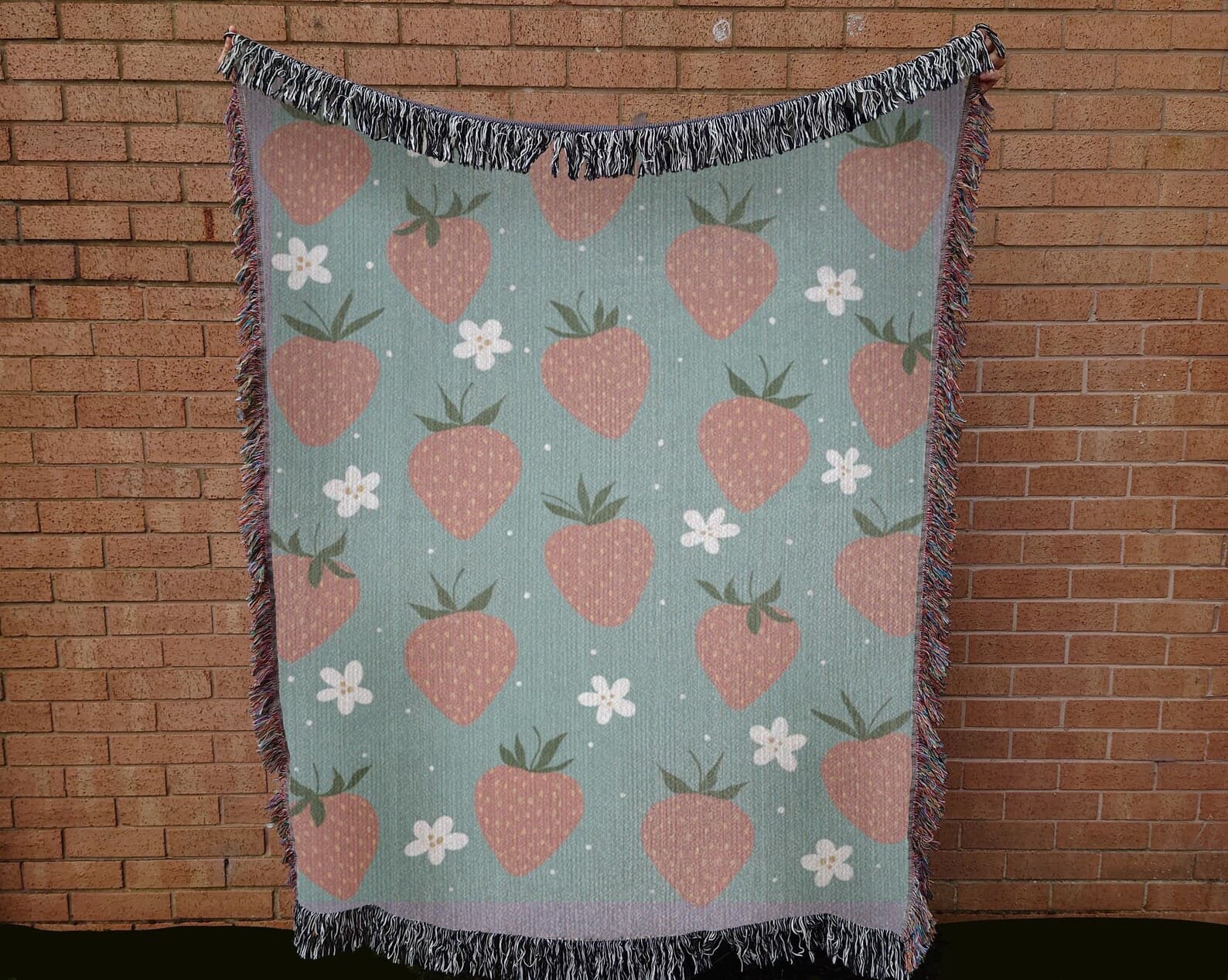 Aesthetic strawberry throw blanket with strawberries and flowers, soft tones