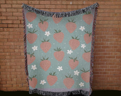 Aesthetic strawberry throw blanket with strawberries and flowers, soft tones