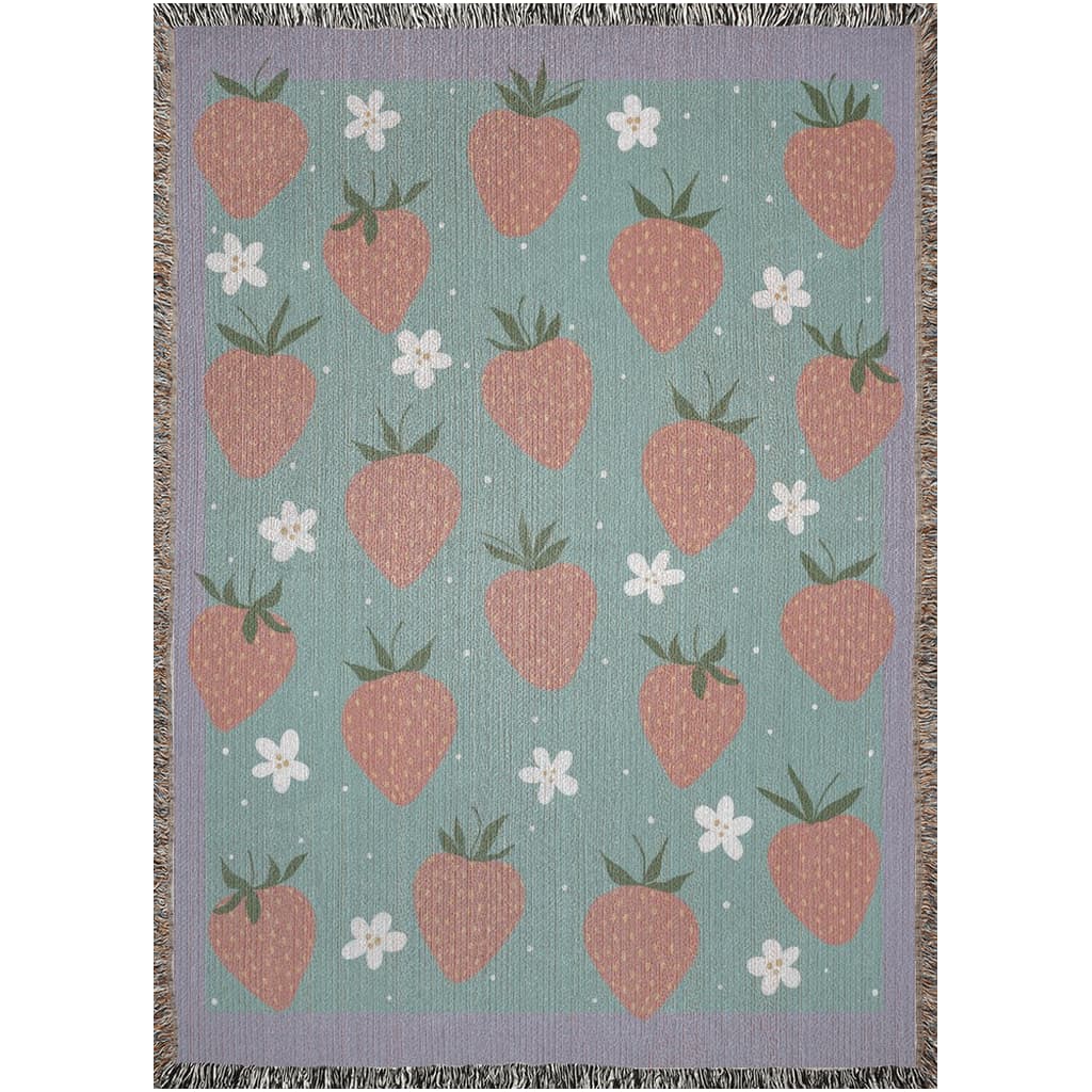 37x52 inches Strawberry pattern detail on pastel green woven cotton blanket