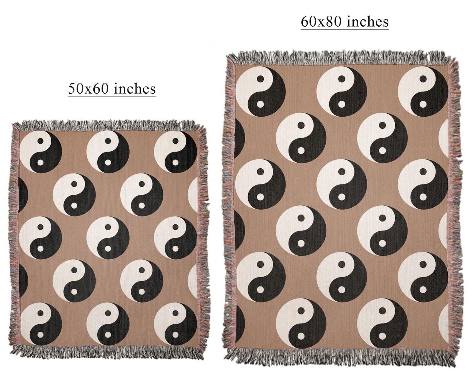 Side-by-side size guide: 50×60 and 60×80 inches warm neutral yin yang woven blankets