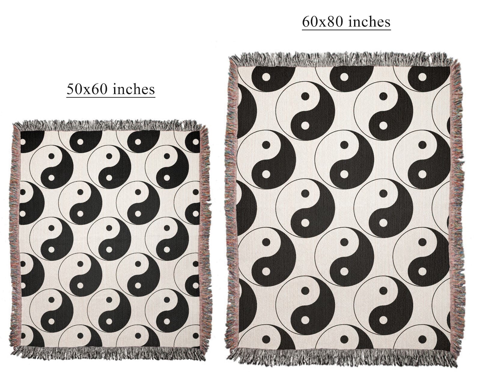 Black and white spiritual throw blanket with fringe edges