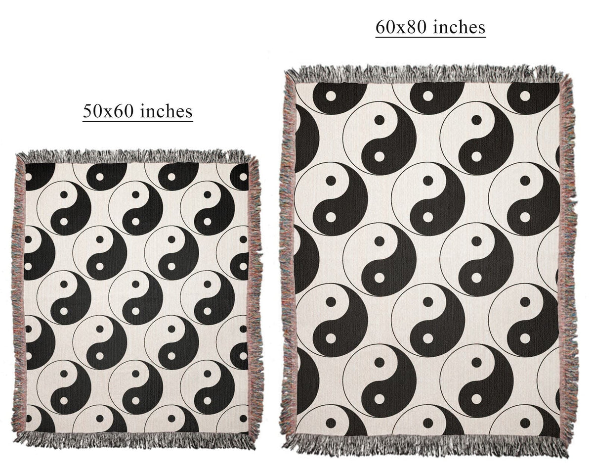 Black and white spiritual throw blanket with fringe edges