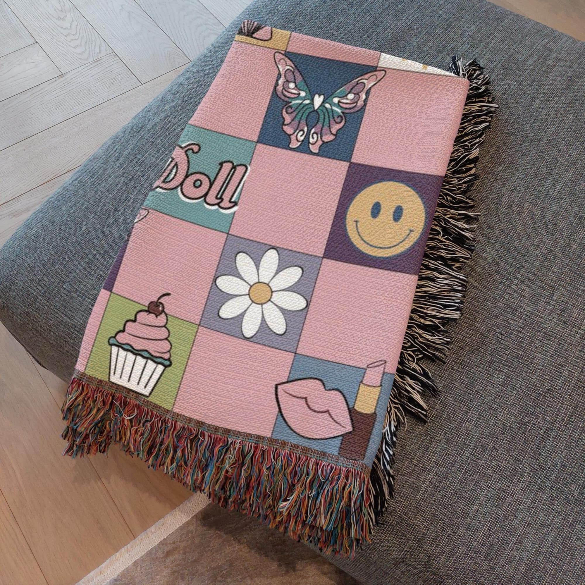 Folded dollcore woven blanket showing self love and positive vibes design