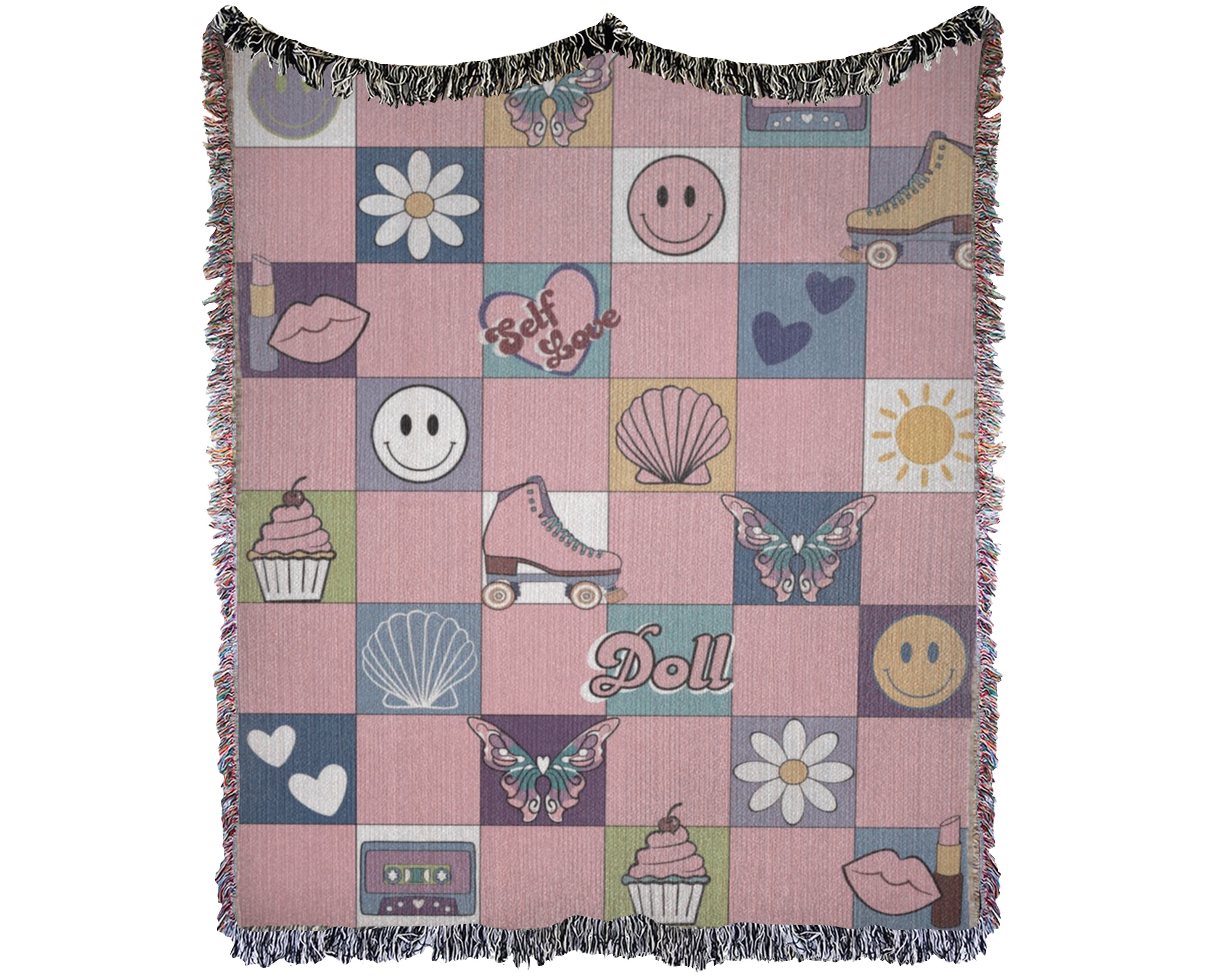Giftable dollcore woven blanket with daisies and retro roller skates