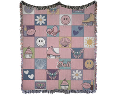 Giftable dollcore woven blanket with daisies and retro roller skates