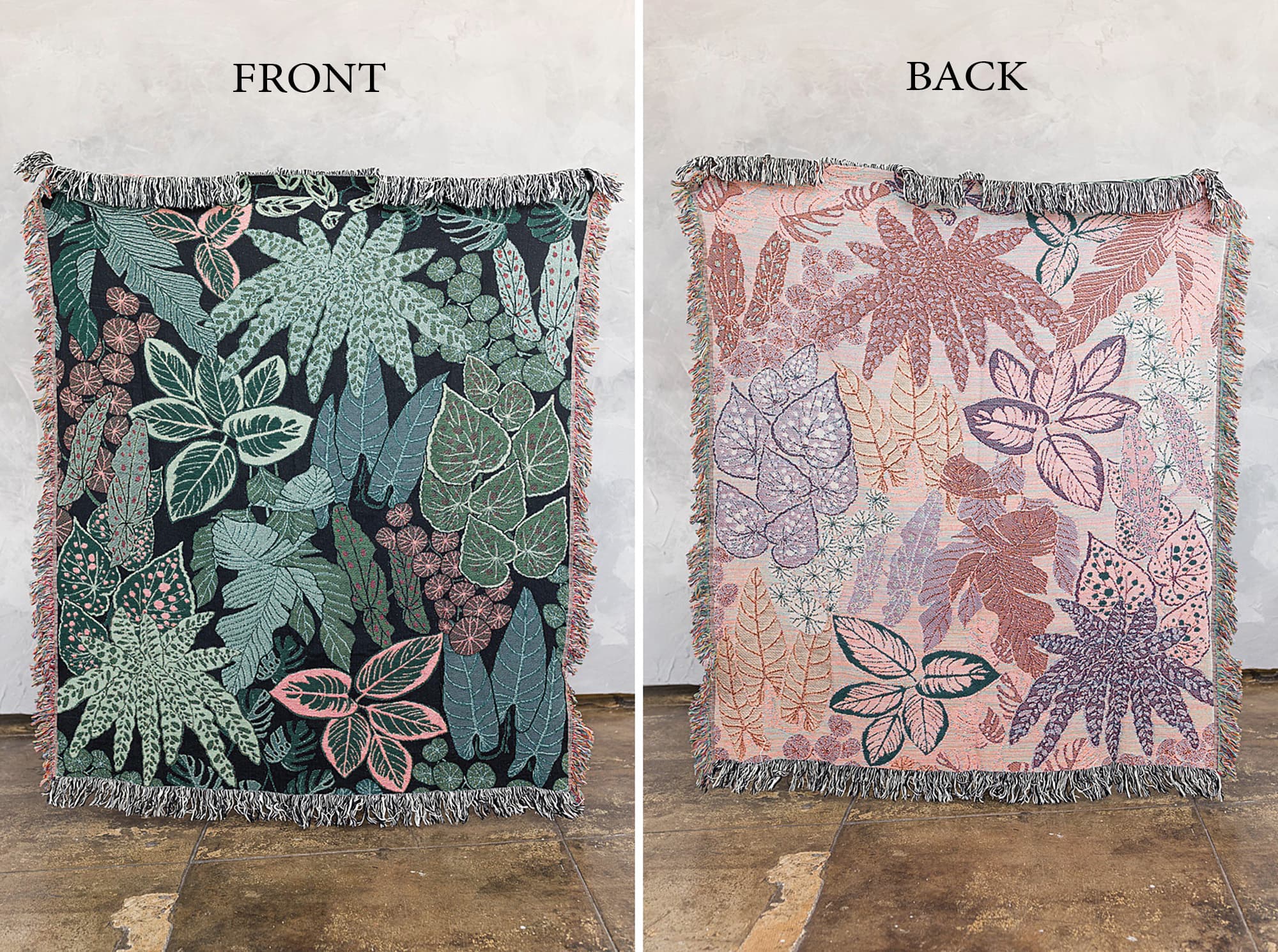 Person hanging tropical botanical wall tapestry showing scale and size in room
