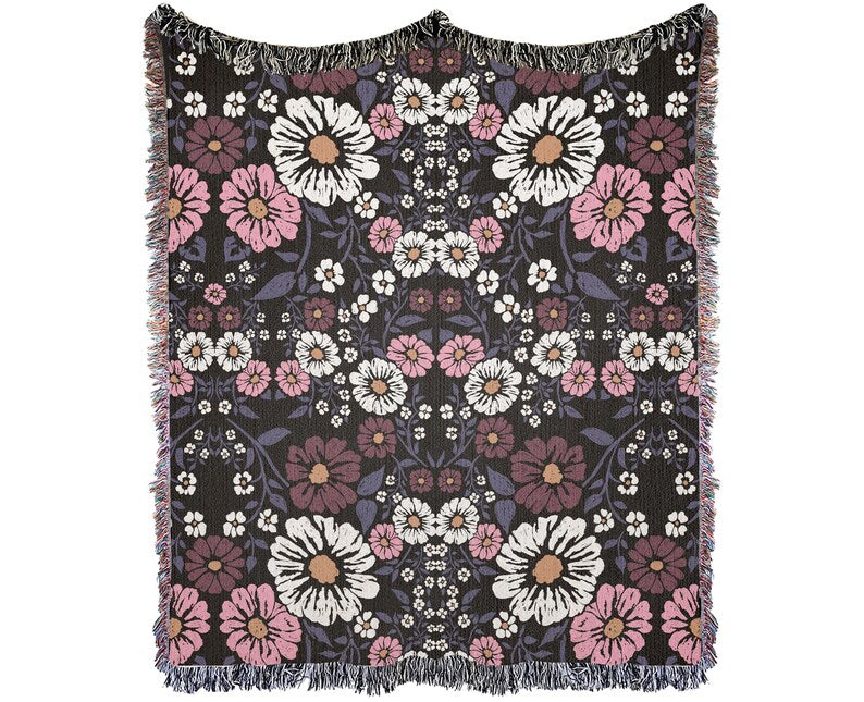 Autumn Night Boho Throw Blanket with floral pattern and fringed edges.