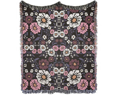 Autumn Night Boho Throw Blanket with floral pattern and fringed edges.