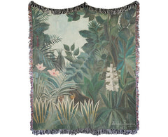 The Equatorial Jungle Art Throw featuring lush greenery and floral design, fringed edges, 100% cotton, USA made.