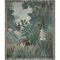 The Equatorial Jungle Art Throw featuring lush greenery and soft fringed edges, inspired by Henri Rousseau's 1909 painting.