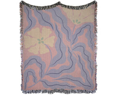 Abstract pastel blanket with floral design, multi-color fringed edges, 100% cotton, Maximalist Interiors.