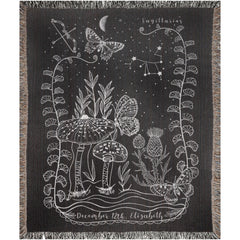 Sagittarius woven blanket featuring celestial designs and mushrooms, perfect for astrology lovers and gifts.